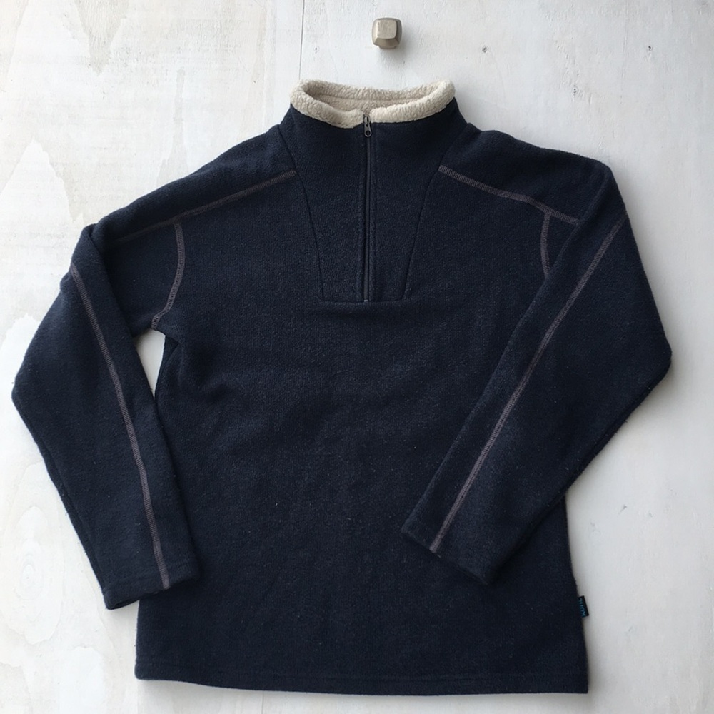 Kuhl 1/4 Zip Navy Blue Cream Fleece Lined Neck SZ M (10/12) Luxury Athleisure